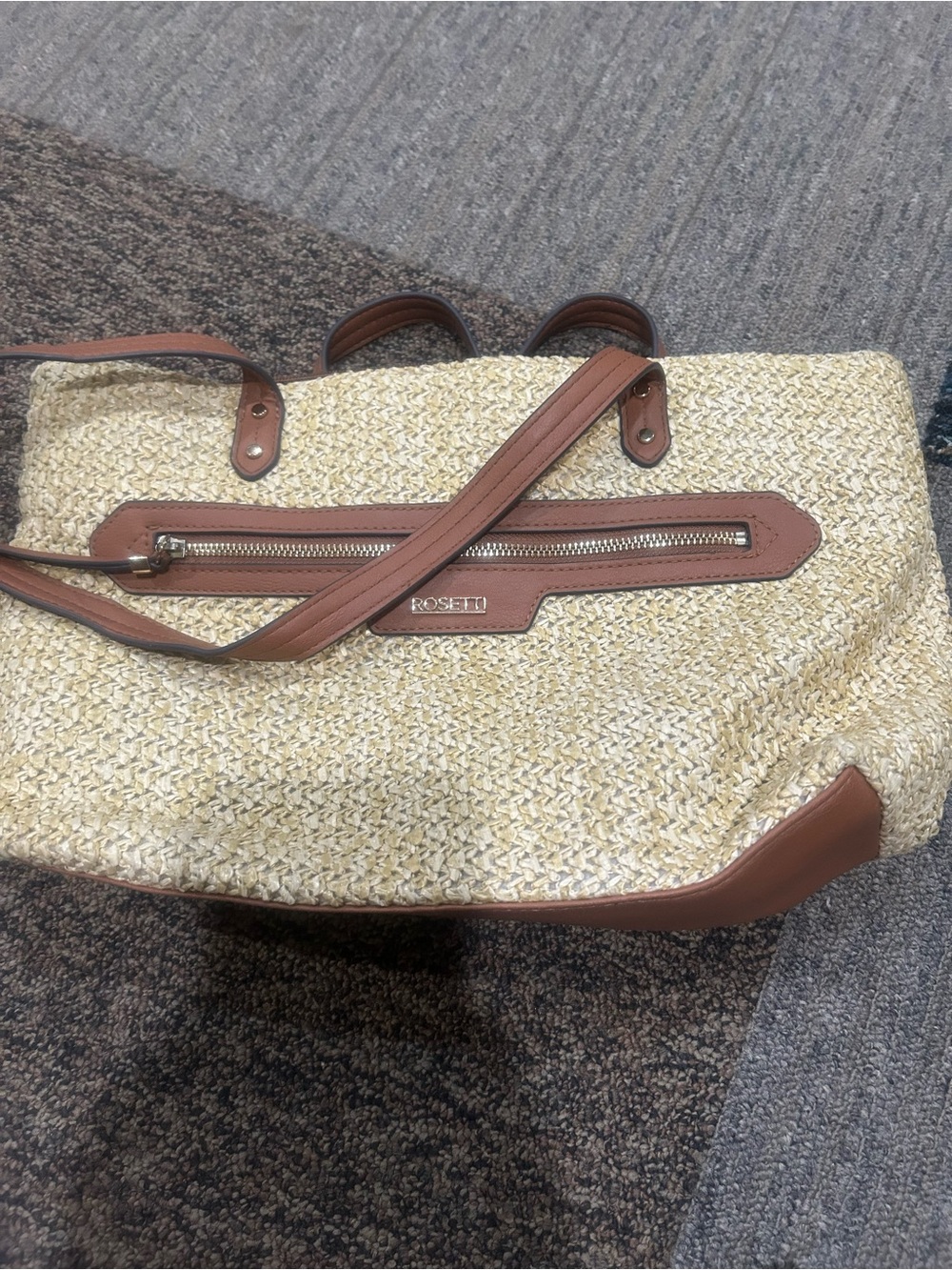 Rosetti Natural Straw Tote with Brown Trim